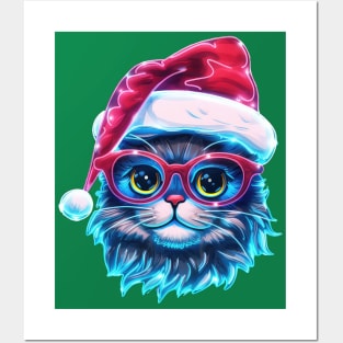 Neon  Christmas Cat Holiday Art Posters and Art